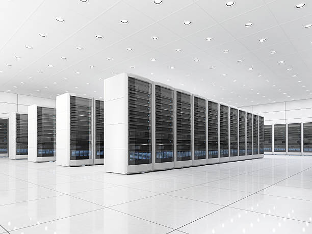High tech interior of server room in data center. Concept of quantum super computer with artificial intelligence in white interior. 3D illustration.